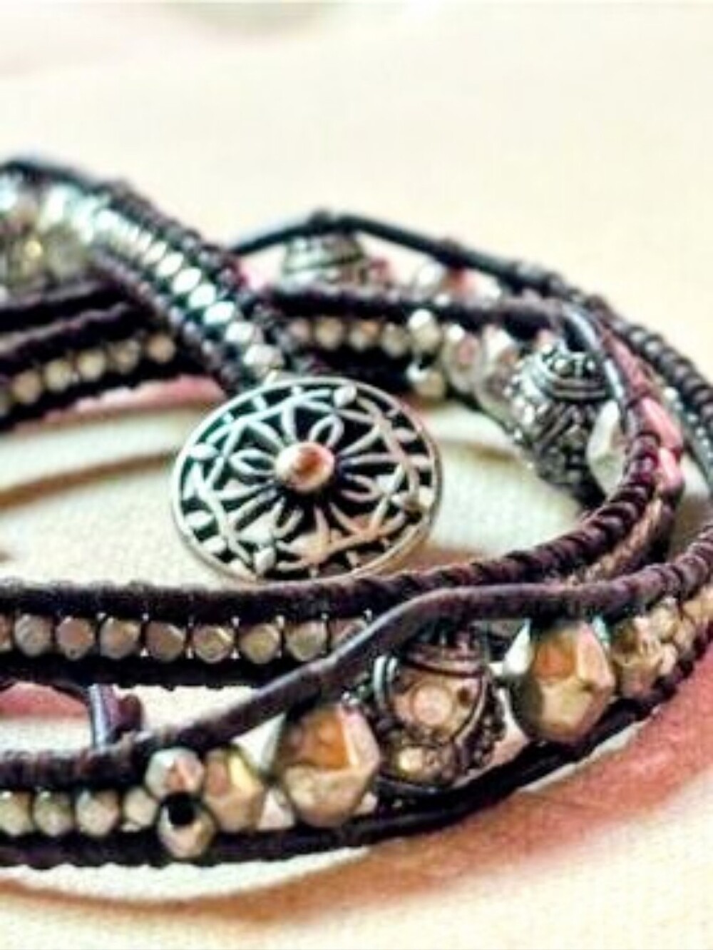 Lucky Brand Black Leathet Wrap Bracelet with Silver Beads And Closure.